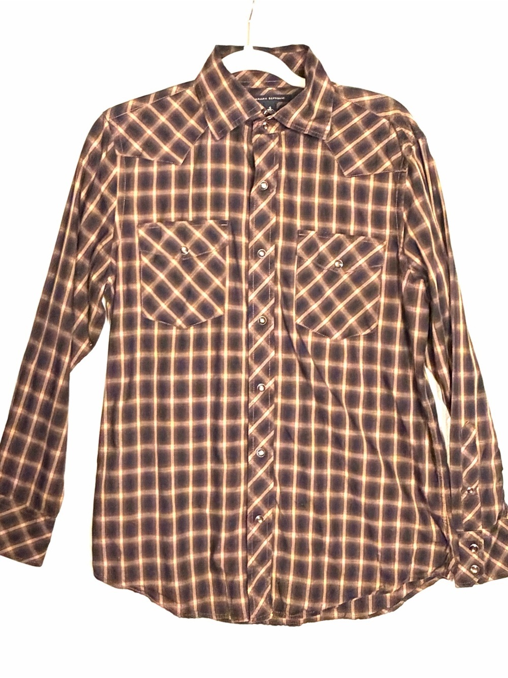 Vtg Banana Republic Pearl Snap Shirt Mens S Brown Plaid Western Cowboy Long Slv